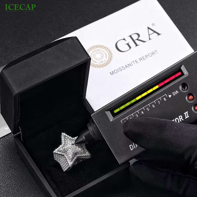 925 Sterling Silver 3D Mens Hip Hop Ring VVS Moissanite Iced Crystal Pentagram Stars Baguette Shape Unisex Rhodium Anniversary