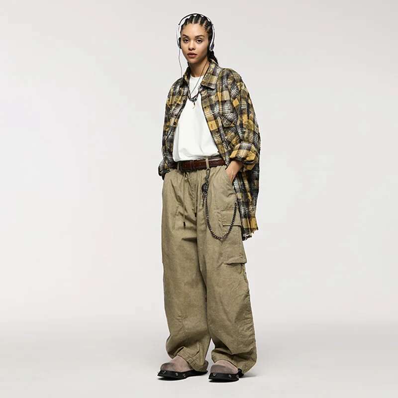 Faded Plaid Wide-Leg Cargo Pants For Men Loose American Washed Casual Pant Streetwear