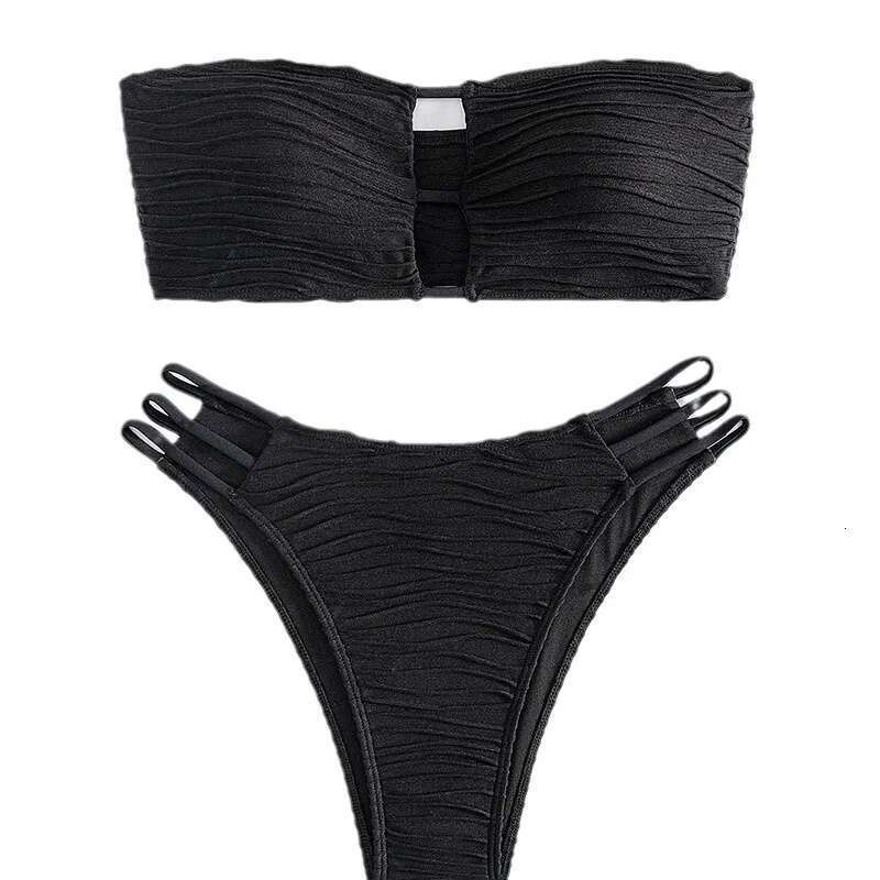 2024 Summer Black Two Piece Women's Swimsuit,sexy High Waist Hollow Out Strapless Bikini,off-shoulder Backless Beach Swimwear