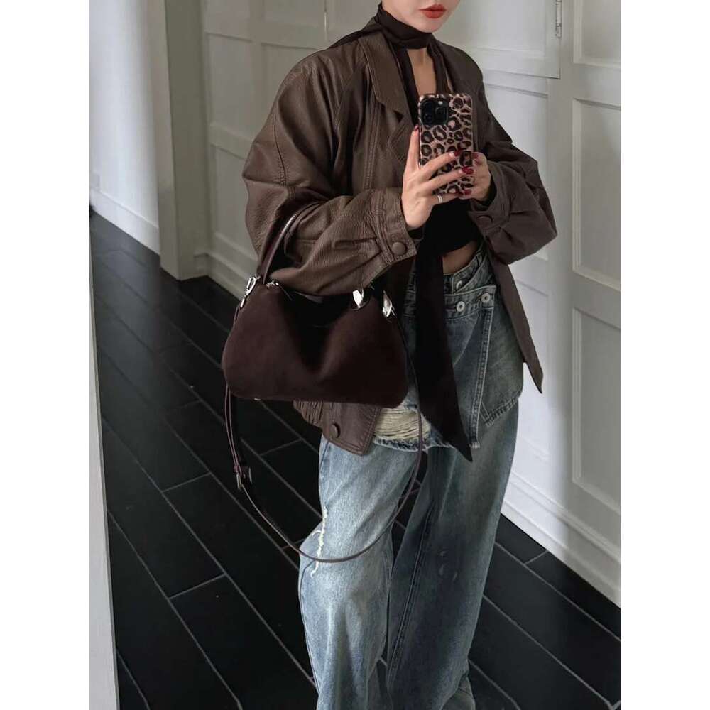 Chic Deep Wine Red Coffee Color Winter Daily-Use Tote Nubuck Leather Women Shoulder Crossbody Bag Chamois
