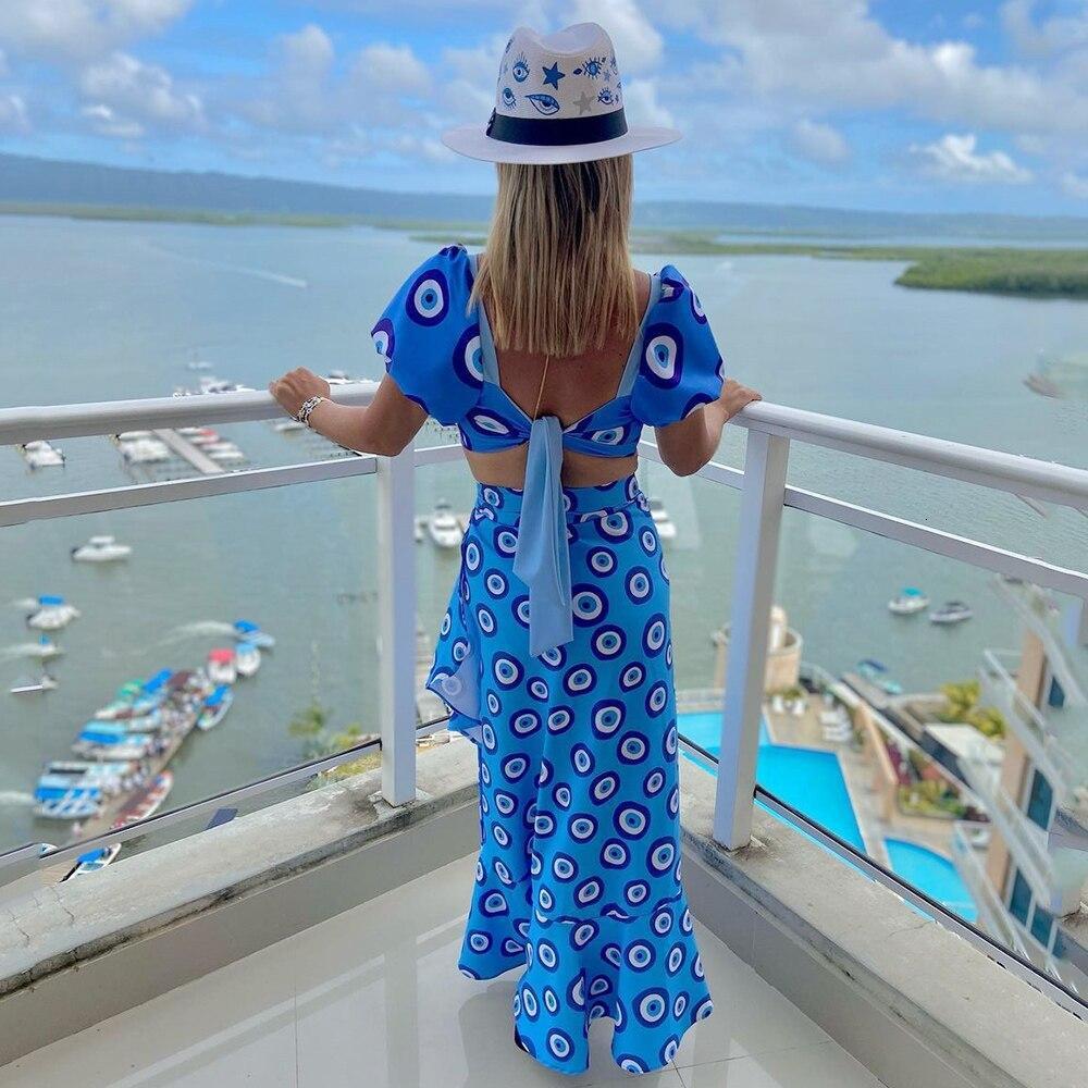 2025 Summer New Sexy Wrapped Chest Printed Strap Skirt Top Pants 3-piece Set Womens Wear