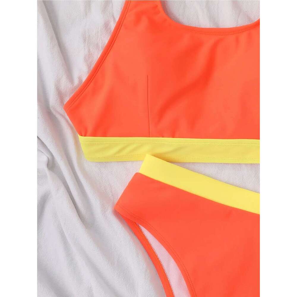 Orange Patchwork Two Piece Swimsuit Women's High Waist Bandage U-neck Bikini Set Suspender Lace-up Backless Beach Swimwear 2024