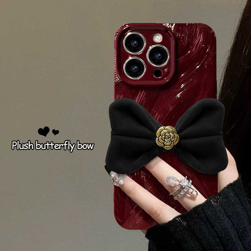 Camellia Bowknot Compatible with 16 Pro Phone Case 15 New Year 14 Wave Feather Gauze 1312 Silicone Shockproof J251202