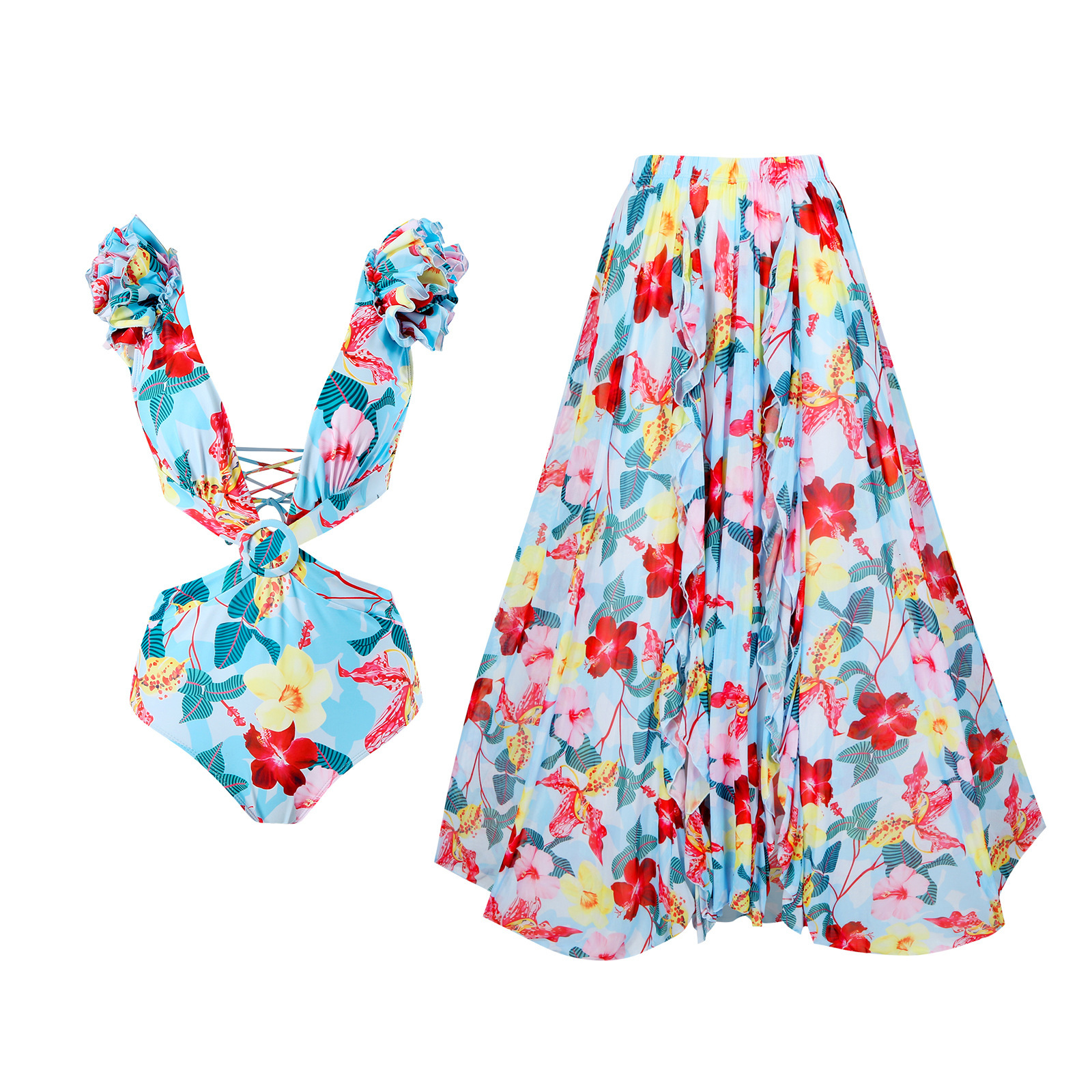 2025 New Bohemian Style jumpsuit, mesh long skirt, beach vacation set, sun protection multi-color swimsuit for women