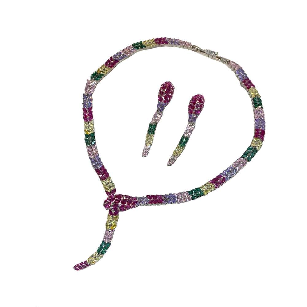 Luxurious Heavy Craft Necklaces Pink Prom Performance Mixed Color Micro Inlaid Party Dress Matching Elegant Earrings Set