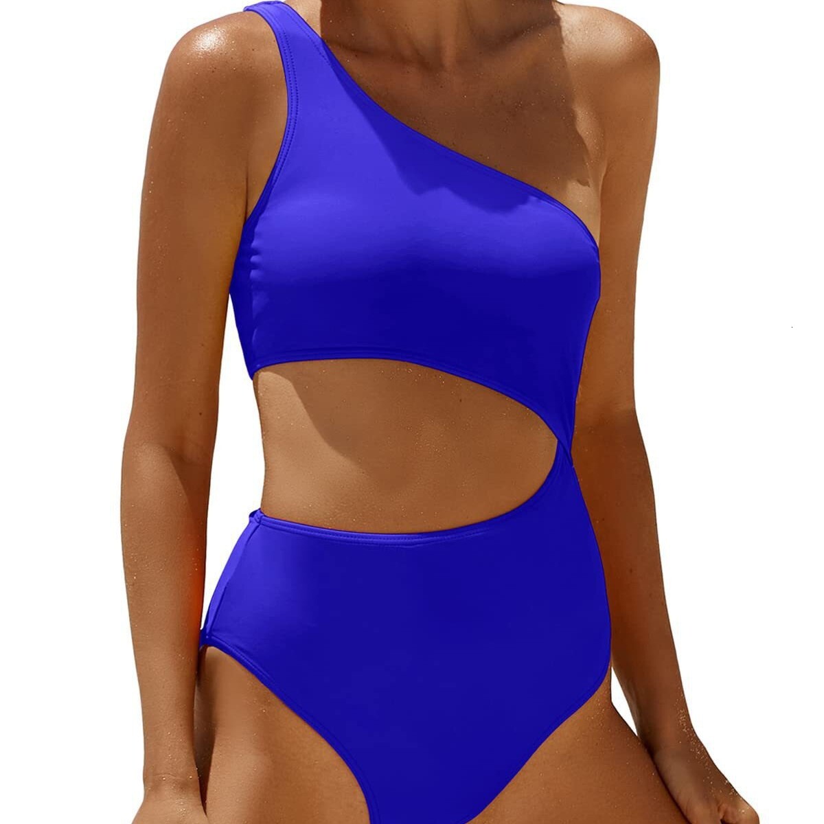 2025 new one-piece women's solid color single shoulder hollow sexy contrasting swimsuit