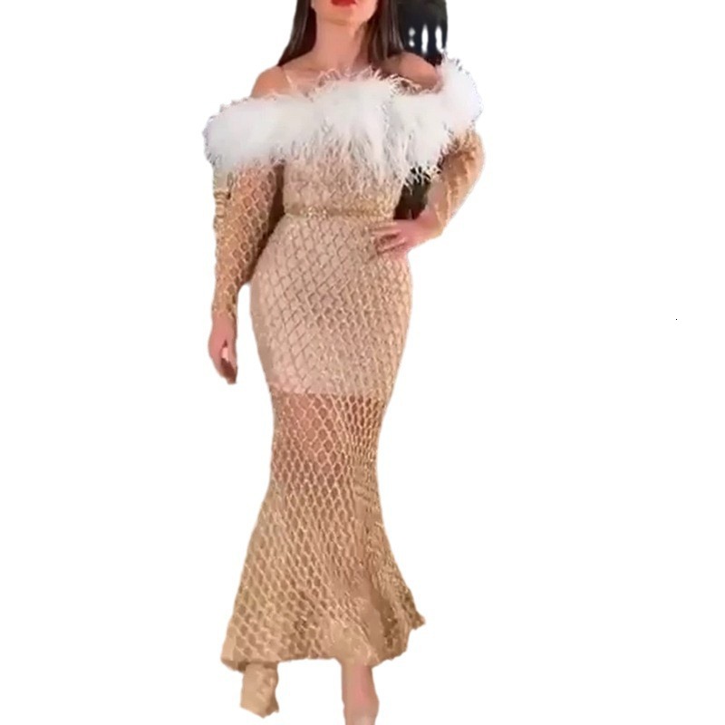 2025 New Womens Dress Long Sleeved Hollow Out Long Skirt Sprinkled with Gold Feathers and Wrapped Buttocks Dress