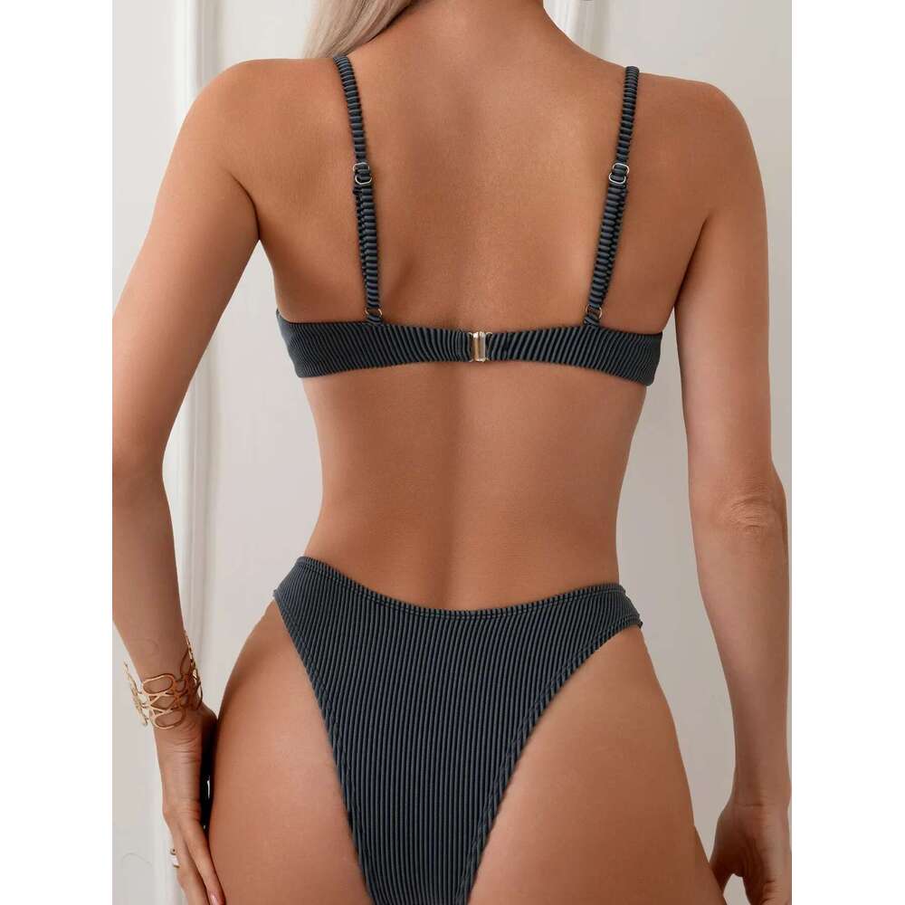 2024 New Women's Underwire Bikini Set,solid Color 2-piece Pit Striped Swimsuit,Fashion Sexy V-neck Bathing Suit with Chest Pad