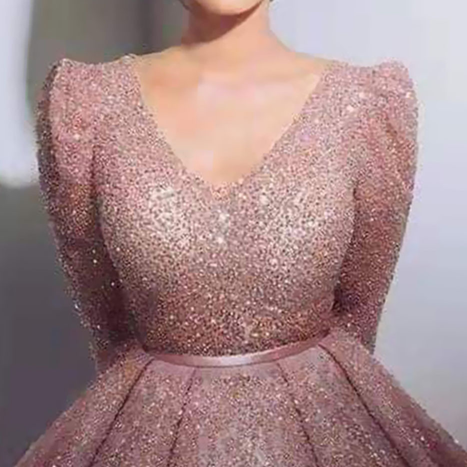 2025 Autumn and Winter New Womens Long Skirt Long Sleeved V-neck Gold Sprinkled Dress Lotus Root Powder Slim Fit Dress