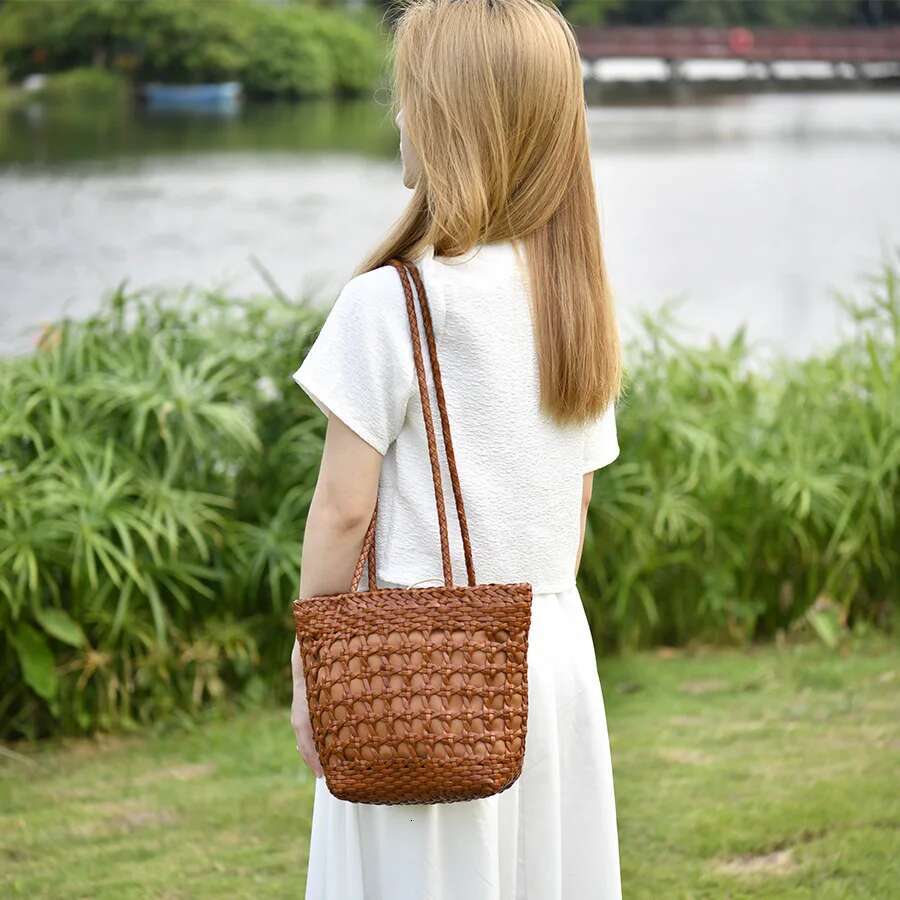 Top Layer Cowhide Single-Shoulder Genuine Leather Retro Hand-Woven Hollow Out Mori Style Women's Bag