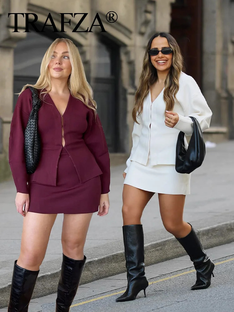 TRAFZA Autumn Slim Skiing Set Wine Red Solid Vneck Long Sleeve CardiganOne Line Mini Sleeveless Roupas Leisure Street 250403