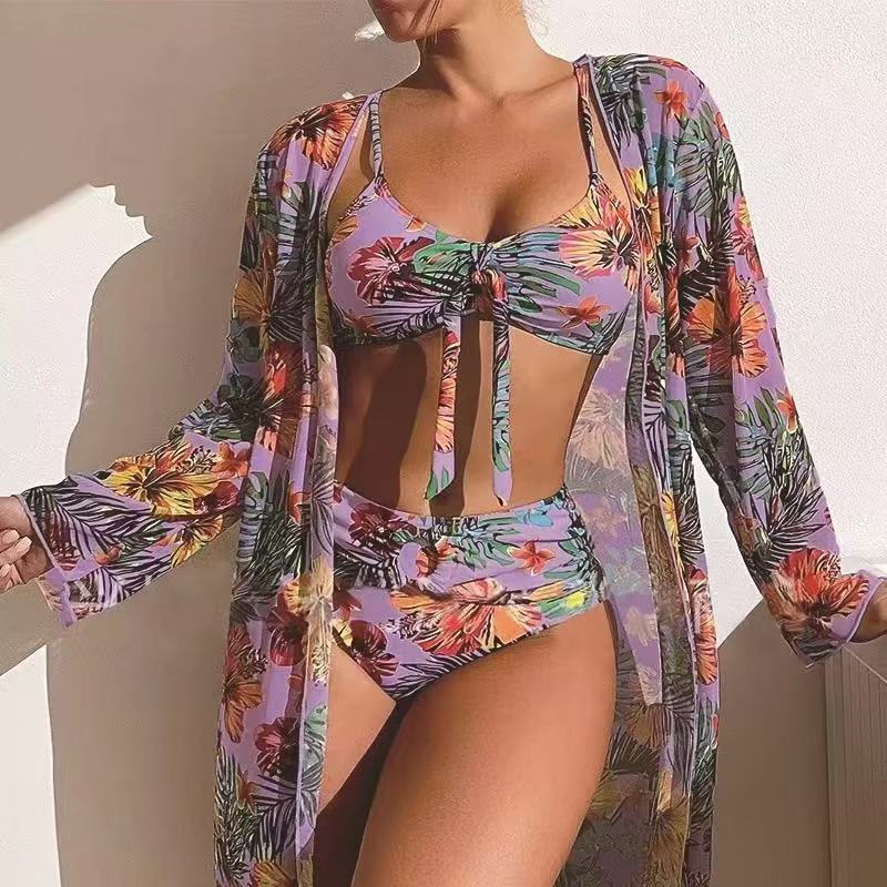2025 Vacation Long length Chiffon Hoodie Split Sexy Women's Multi color Printed Bikini Swimsuit