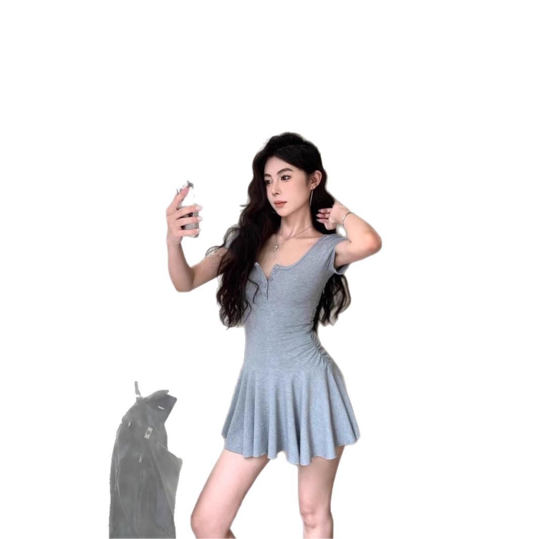 S22 New Grey Slim Short Sleeve Dress Women Summer Waist Pleated Skirt Sexy Slim Skirt
