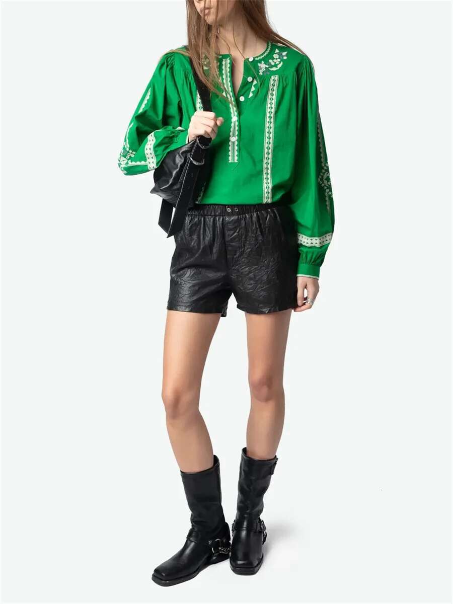 Embroidery Women White Green Black Shirt 100% Cotton Vintage Long Lantern Sleeve Front Buttons Lady O-neck Blouse