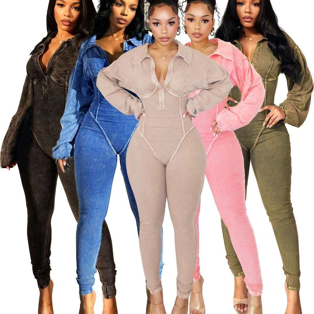 HR24102 European and American Fashion Women's Clothing Washed Vintage Sexy Deep V Tight Long Sleeve Autumn Winter Jumpsuit