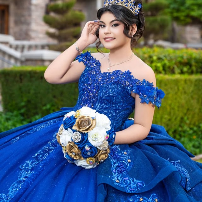 Royal Blue Shiny Princess Quinceanera Dresses Off Shoulder Beading Crystal Applique Lace Tull Sweet 16 Dress Ball Gown Vestidos 15 De Anos