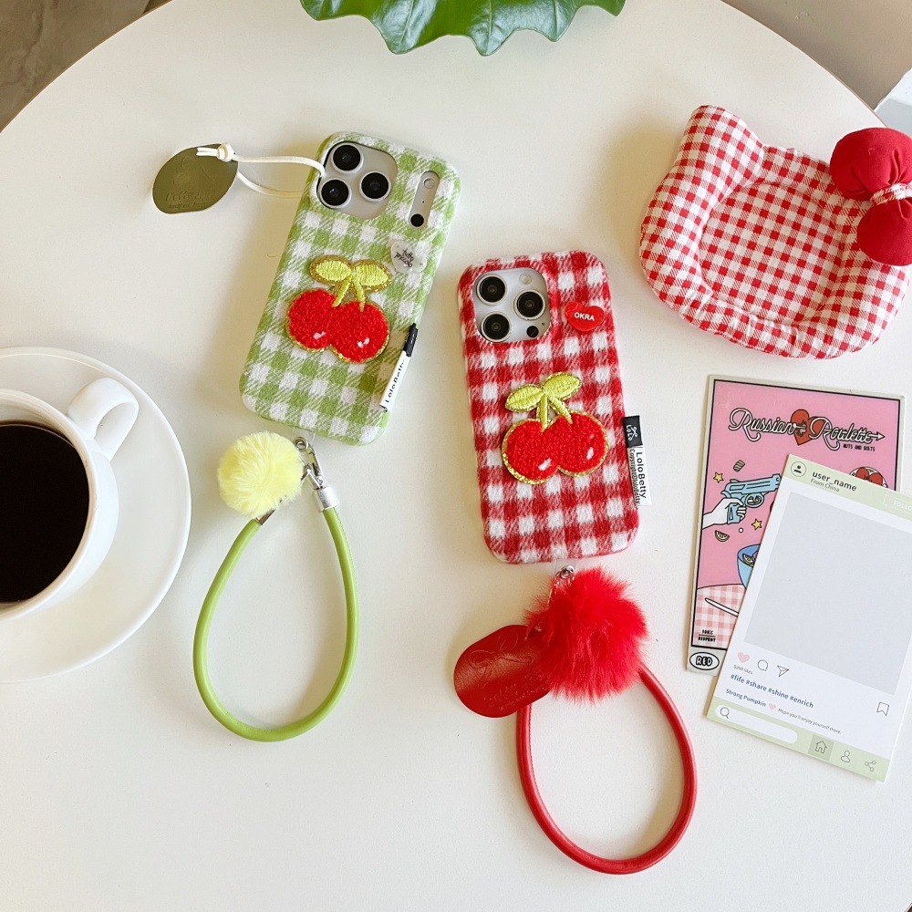 Red Green White Checkered Cherry Patch Phone Case Compatible with iPhone 17/16 Pro Solid Color Velvet Case iPhone 15/14