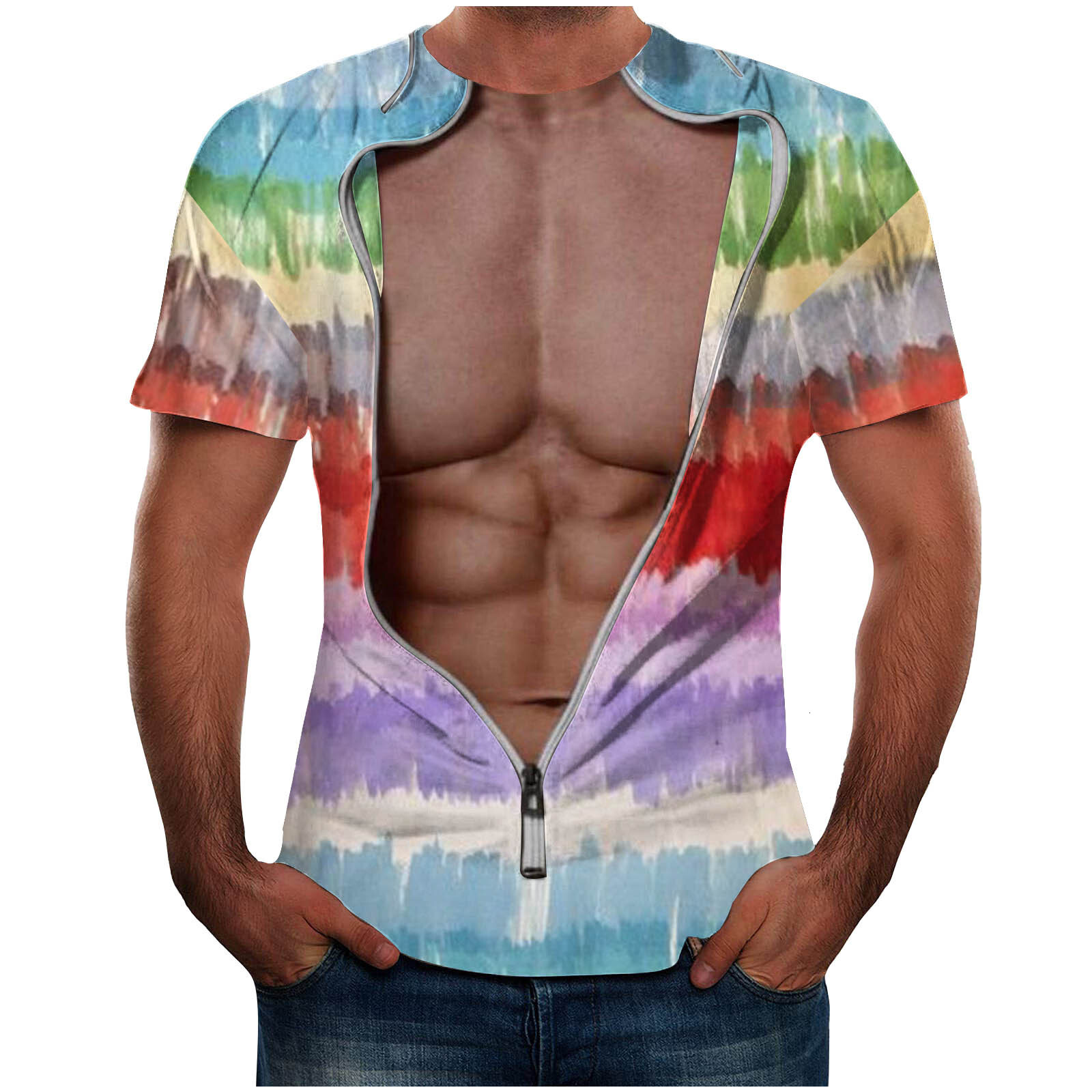 20243D printed mens short sleeved T-shirt spoof fake shirt 3D digital printed fun mens T-shirt
