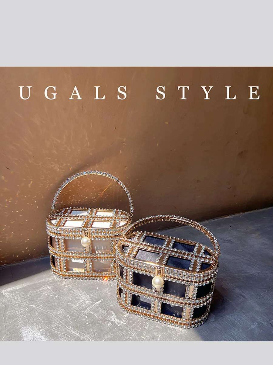 Hollow Out Evening Bucket Metal Cage Crystal Shiny Rhie Dia Wedding Party Clutch Purse Messenger Bag