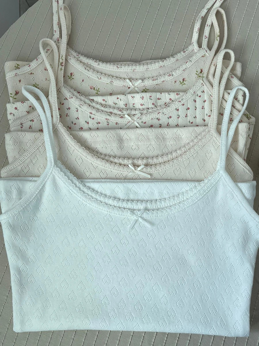 Flower eyed bow cotton crop top summer lace decoration sleeveless slim fit vest womens preparatory student sweet vest Y2k dress 250403