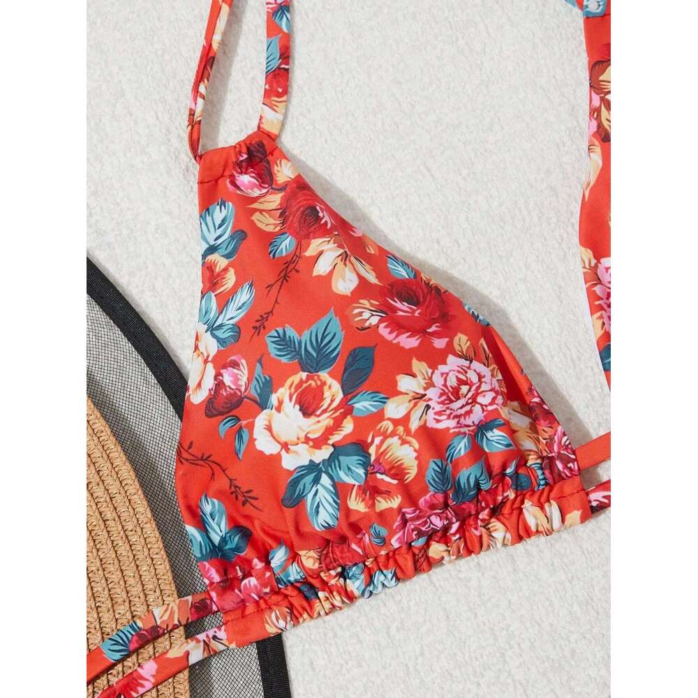 2025 New Red wer Print 2 Piece Swimsuit for Women High Waist Triangle Halter Backless Bikini Set Beach Vacation Bathing Suit