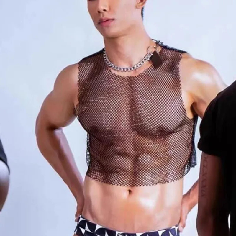 Mens vest sexy rhinestone fishnet sleeveless top hollow sports vest with stage display of mens clothing 250403