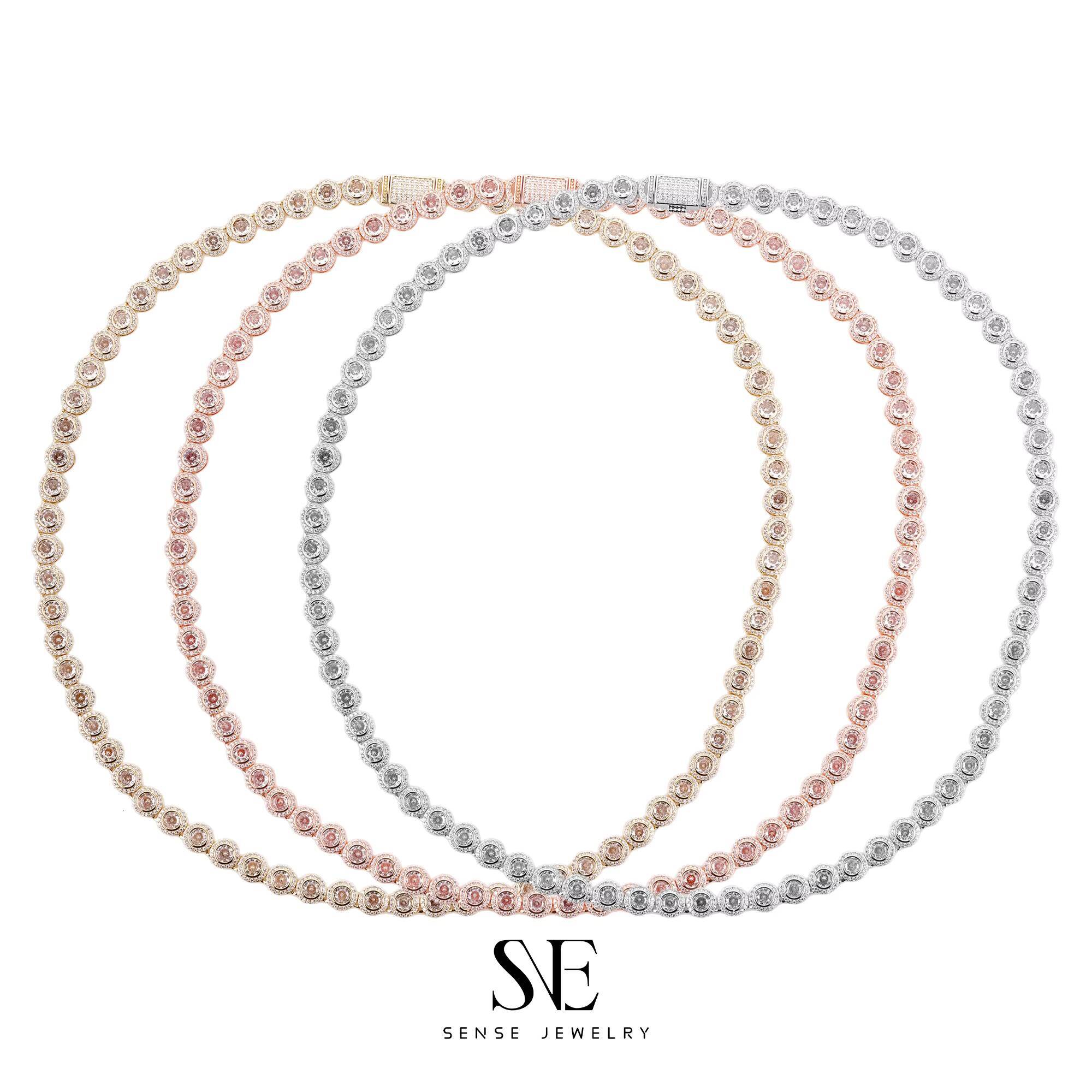 Womens 925 Sterling Silver Hip Hop Style Tennis Necklace Set Moissanite Round Design Link Chain