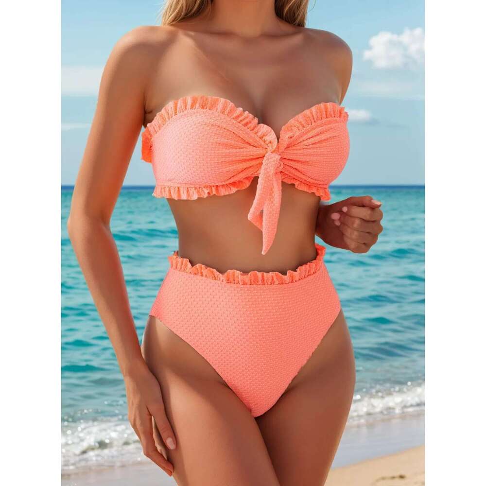 2024 Solid Color 2 Piece Swimsuit Sexy Ruffle Strapless Backless Bikini Set Beach Vacation High Waist Swimwear Bathing Suit New
