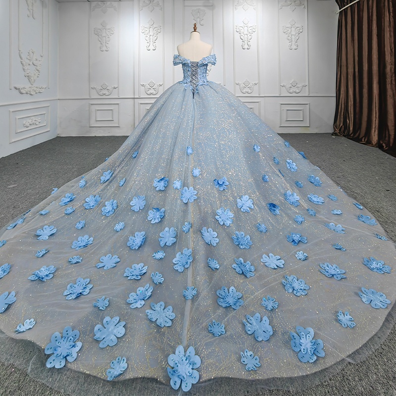 Blue Shiny Princess Quinceanera Dresses Off Shoulder Beads Applique Flower Tull Sweet 16 Dress Ball Gown Vestidos 15 De Anos