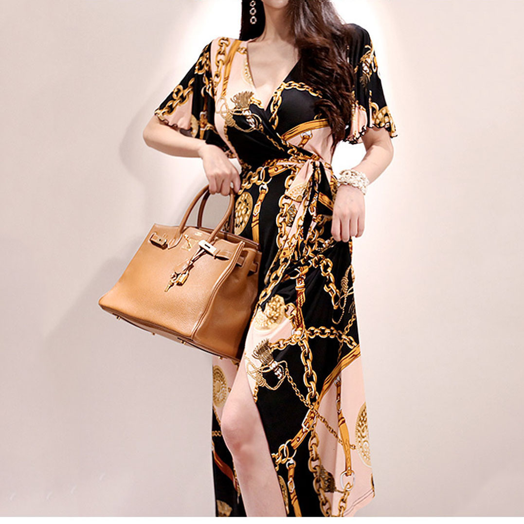 2025 Spring/summer New Womens Printed Dress Style V-neck Gold Chain Strap Waist Long Dress