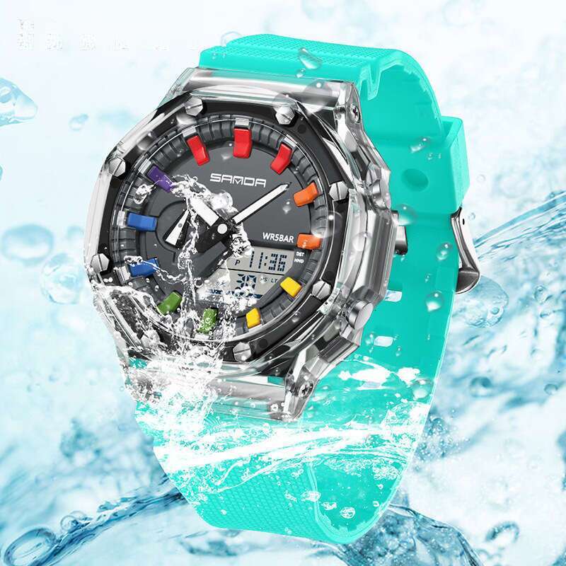 DHwatches Sanda Best-Selling Unisex Octagonal Dopamine Transparent Personality Electronic Multi-Functional Swimming Waterproof Watch
