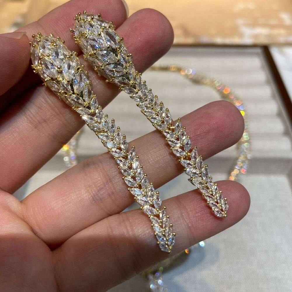 Luxurious Heavy Craft Pink Prom Performance Necklaces gold Micro Inlaid Party Dress Matching Elegant Earrings Set