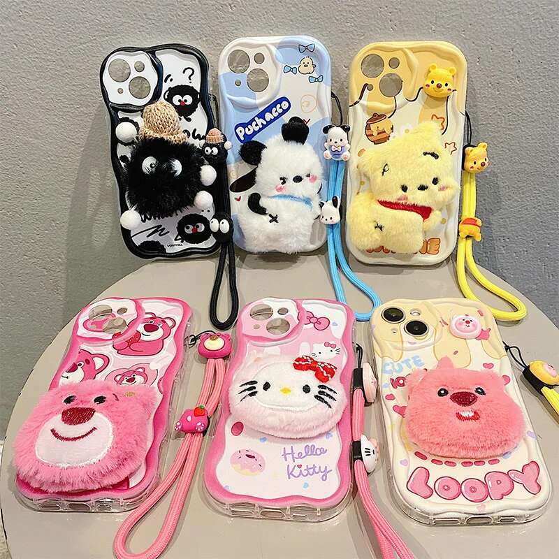3D Cartoon Kitty Bear Fur Phone Case For Samsung Galaxy A52S A32 A12 A13 A23 A33 A53 A14 A15 A24 A34 A54 Wavy Toy Strap Cover