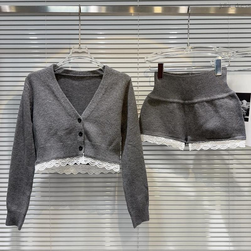 Womens Tracksuits 2024 Autumn Arrival Lace Petals Knitted Cardigans Short Coat High Waist Shorts Two Piece Set Outfits