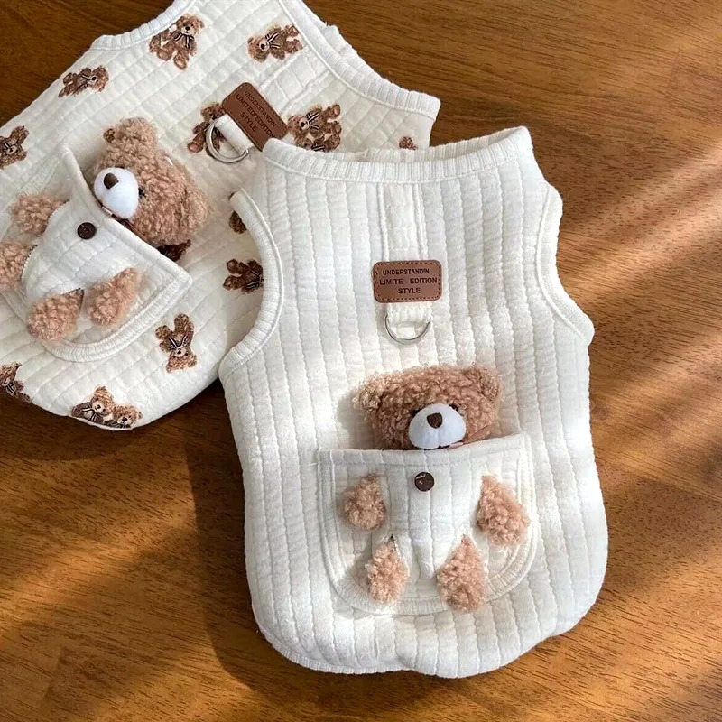 Winter INS Cotton Dog Clothes Pocket Little Bear Cotton Jacket Vest Chest Back Pet Dog Cat Warm Printed Bear Sleeveless 250402