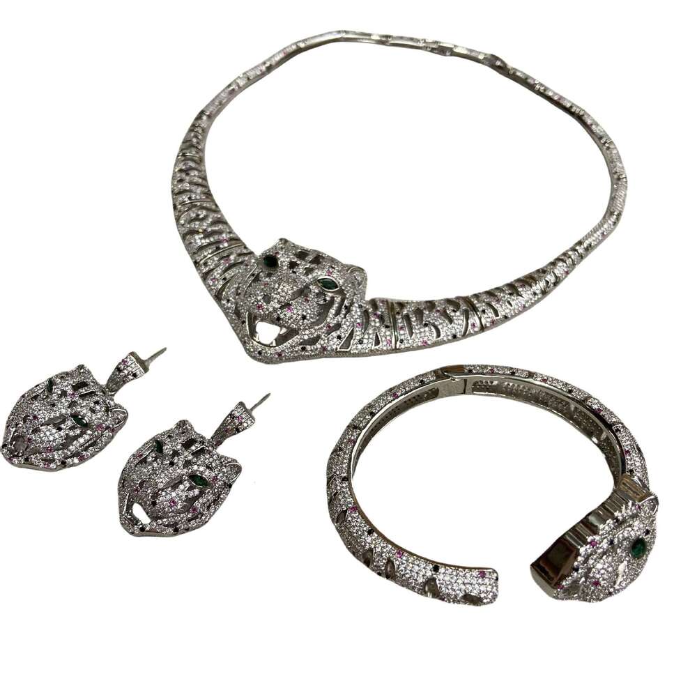 Leopard Cross-Border Hot-Selling New Jewelry Set Necklaces Exquisite Fashion Personality Copper Inlaid Zircon High-End Bracelets Earrings Necklace