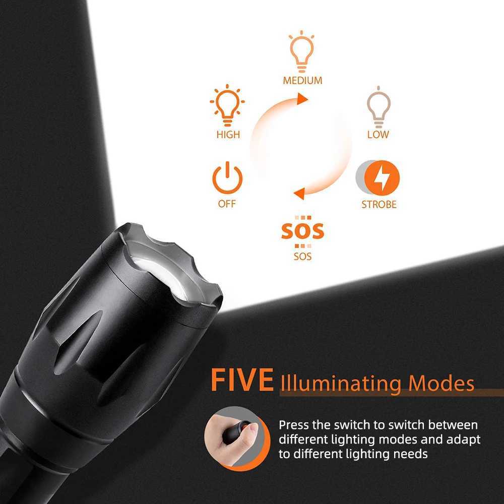 High Power Led Flashlights Camping Torch 5 Lighting Modes Aluminum Alloy Zoomable Light Waterproof Material Use 3 AAA BatteriesW251106