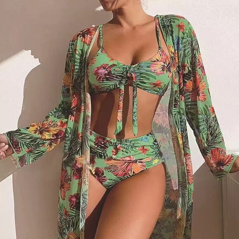 2025 Vacation Long length Chiffon Hoodie Split Sexy Women's Multi color Printed Bikini Swimsuit