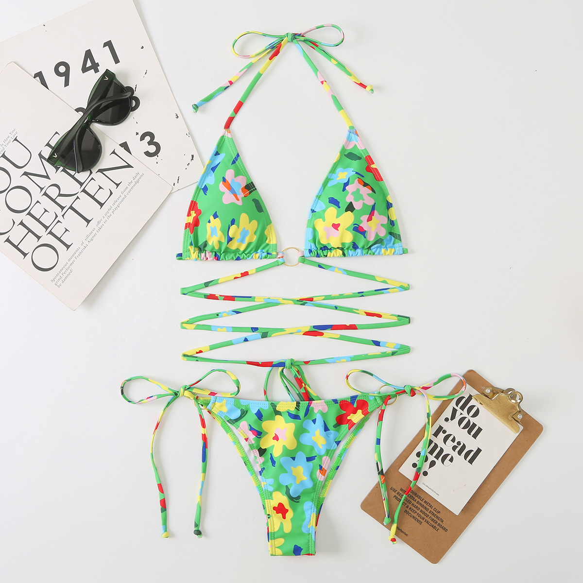 2025 New Split Triangle Sexy Swimsuit Women's Bikini Printed Multi Color