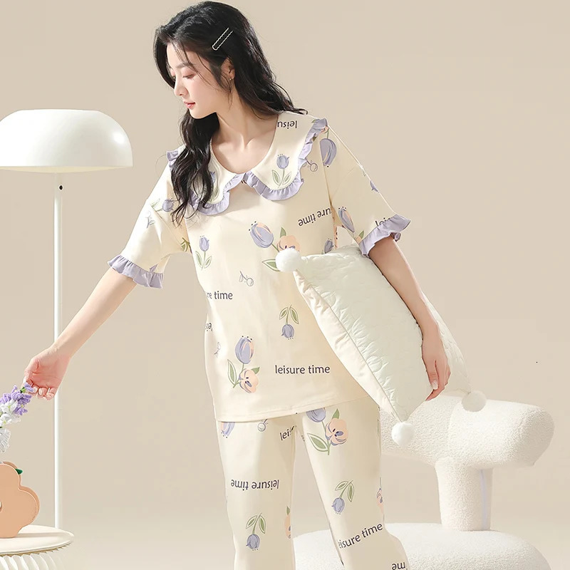 Purple Flower Pajamas Sets Sweet Pijama Cute Sleepwear Short Sleeves Long Pants Kawaii Pjs Casual Summer Spring Autumn Soft Cozy 250402