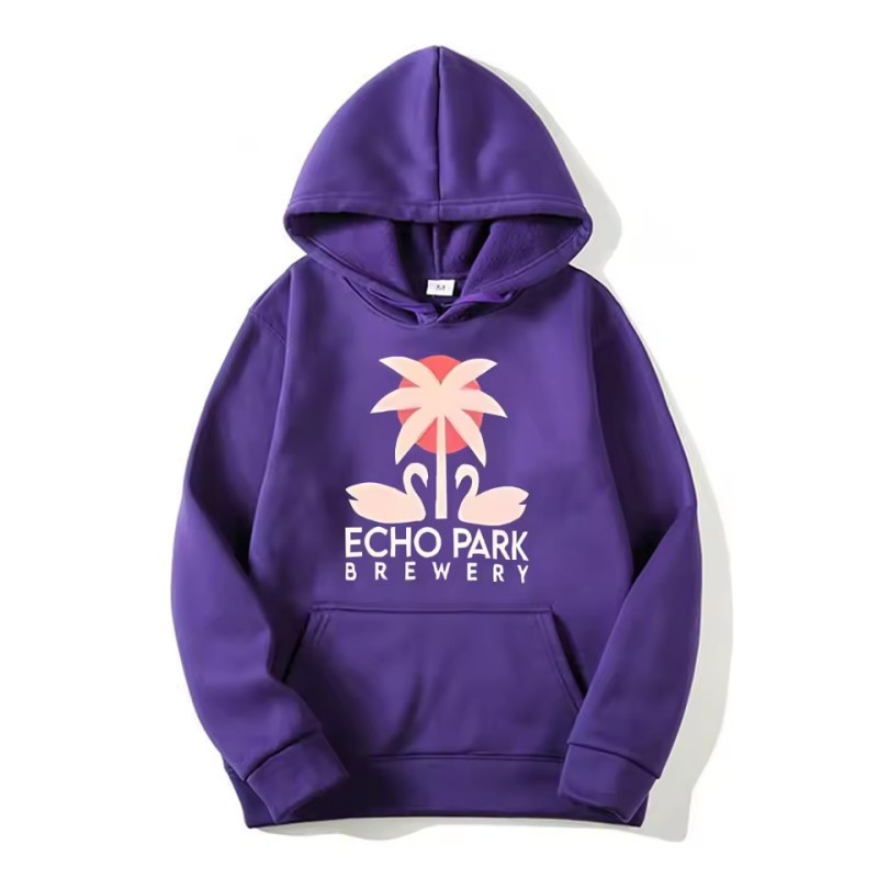 Echo Park Brewery Graphic Hoodie: Mens Unisex Sweater with Purple Palm Tree & Swan Design