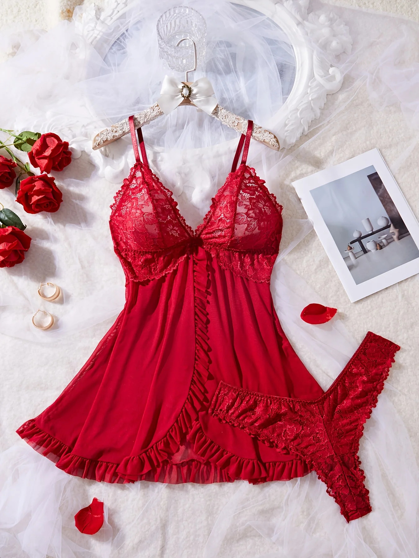 Sexy Lace Lingerie Set for Women Red Sleepwear Nightdress with Matching Panties VNeck Sheer Camisole Romantic Night 251105