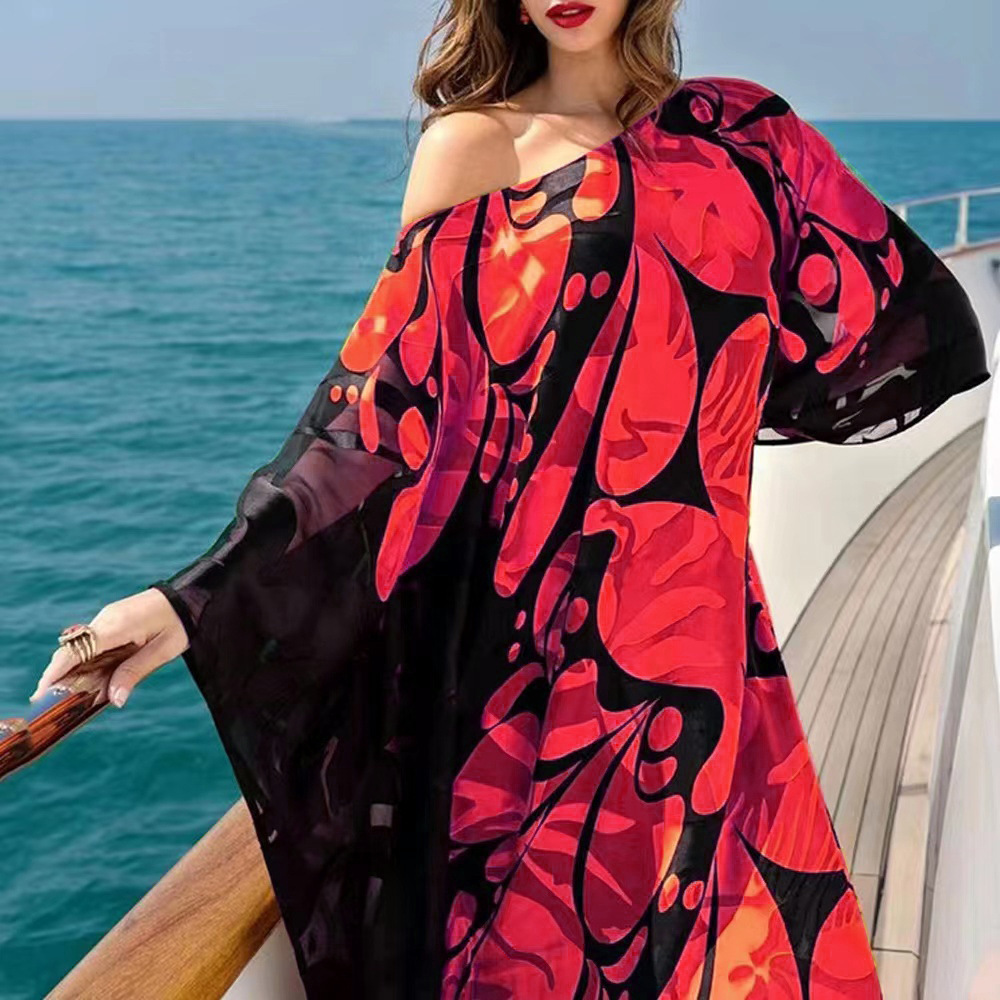 2025 Spring/summer New Womens Cross Shoulder Dress Bohemian Dress Printed Loose Off Shoulder Long Dress