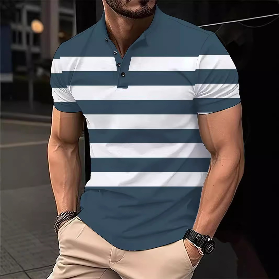 2024 Mens 3D Digital Printed Casual Buckle Short Sleeve T-shirt Polo Top