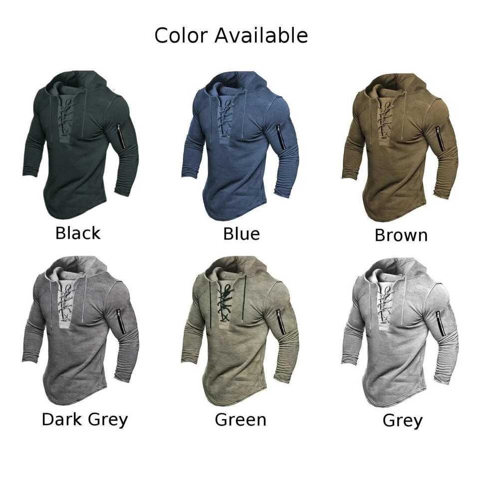 Men Pullover Sweatshirt Solid Color LaceUp Casual Zip Comfortable Casual Vacation Sports Hoodie Slight Strech W251106