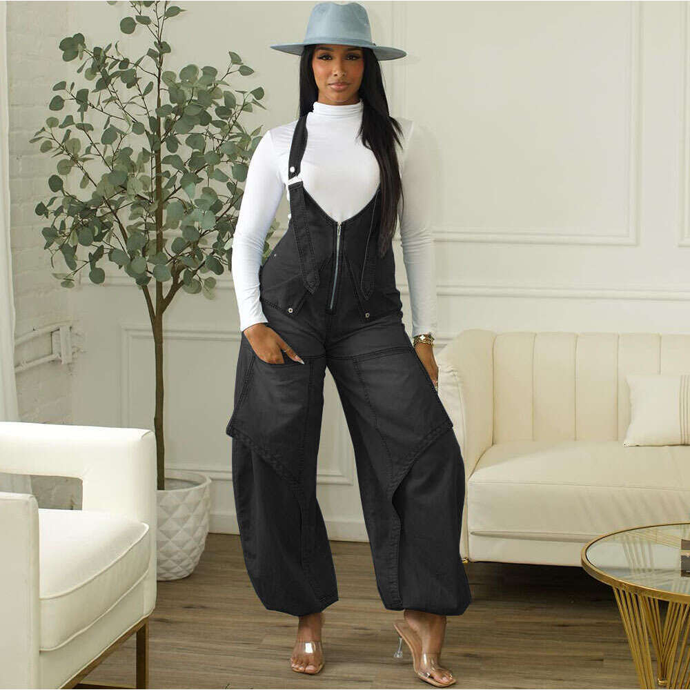 European and American Style Denim Overalls Amazon Cross-Border Autumn Winter Women's Street Casual Zipper Wide-Leg Jumpsuit Long Pants