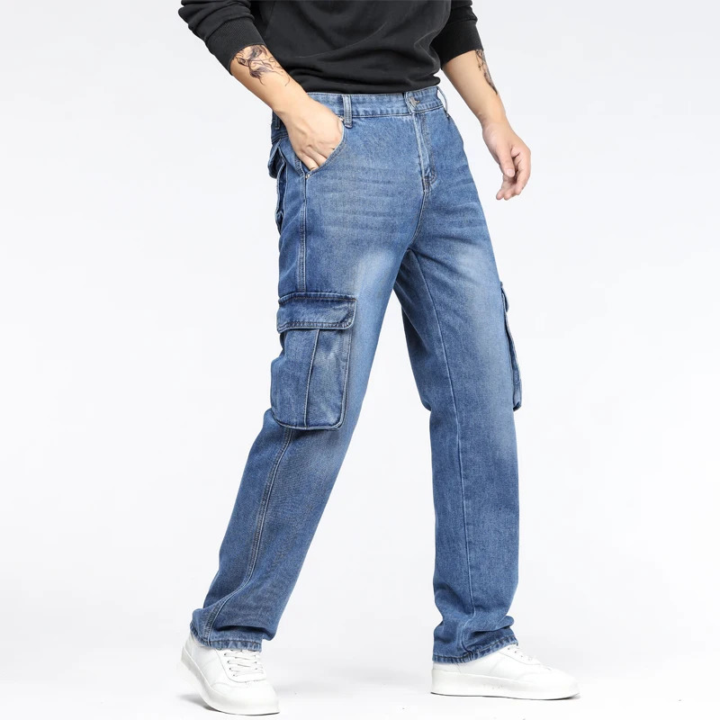 Blue pocket workwear jeans mens four season mid waist loose straight tube non elastic wear-resistant jeans 250402