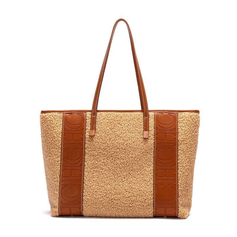 CHCH Women's Tote Winter New Lamb Fleece Large Capacity Handbag Simple Brown Leisure Travel Bag