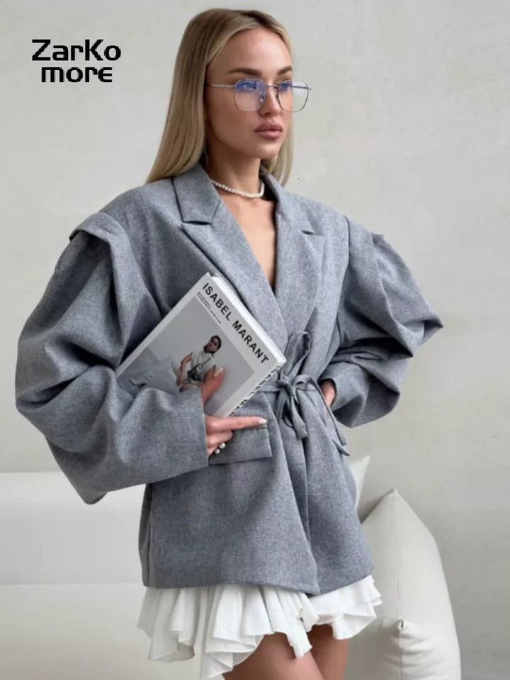 Elegant Grey Lace Up Womens Blazer Button Long Sleeve Lapel Suit Jackets Autumn Lady Loose Casual Outwear 251106