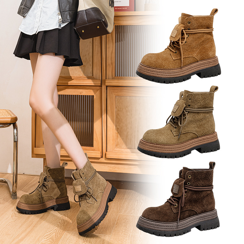 Free shipping thick-soled height-increasing yellow boots for autumn and winter are a niche, casual, fashionable and versatile style. Brown Martin big toe boots for women